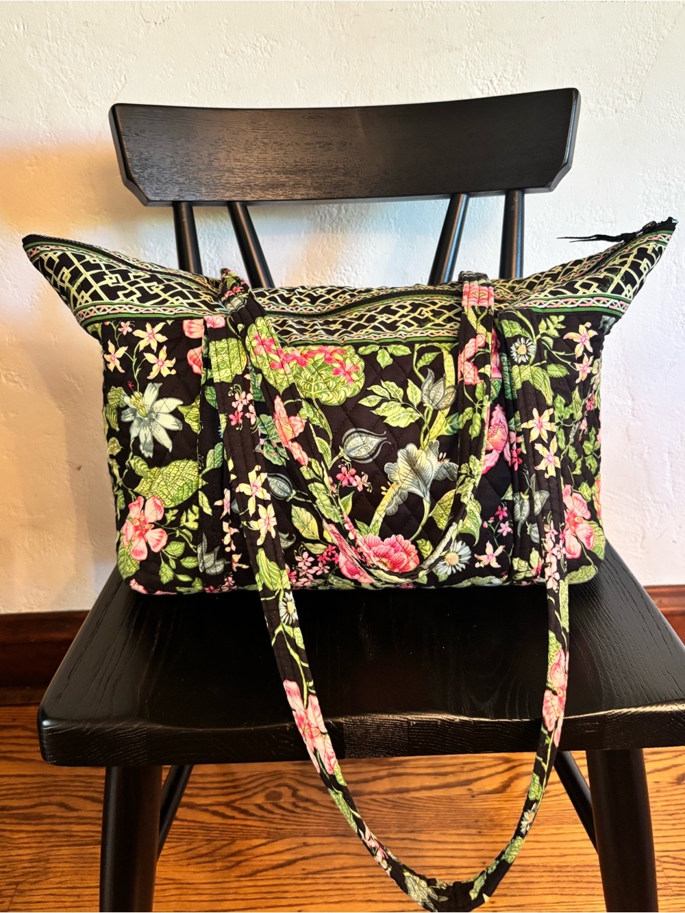 Vera Bradley retired Botanica large zipper tote black pink blue green floral